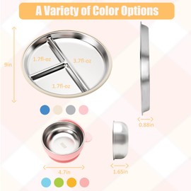 MISSLILI Stainless Steel Baby Plate and Bowls with Suction, Divided Kids Baby Plate and Toddler Bowl with Removable Silicone Suction, Non-Slip Baby Feeding Set Dishwasher Safe，4 Packs