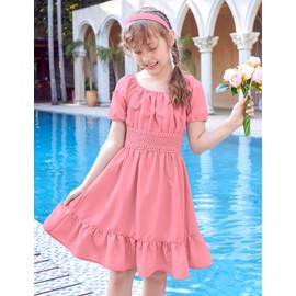 Arshiner Girls Summer Dresses Square Neck Ruffle Hem Tie Back Party Easter Dresses Orange Pink Size 8
