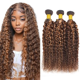 Dokksiiia Curly Wave Bundles P4/30 Highlight Piano Color Dark Brown and Brown Human Hair Bundles Double Weft Brazilian Human Hair Extensions Soft & Thick for Black Women 16 18 20 Inch