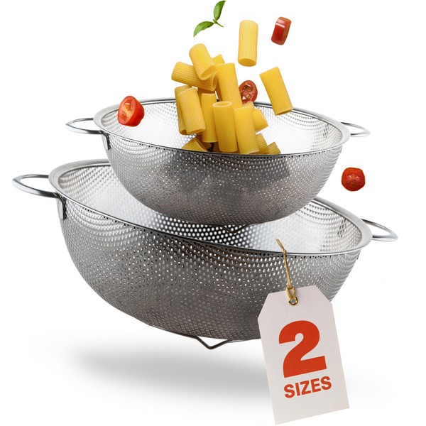 Colander Sieve Stainless Steel - Set of 2-28cm & 21cm - Micro Perforated - Metal Strainer with Handle - Dishwasher Safe - Perfect for Pasta and more!