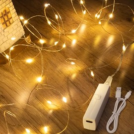 Lakumu - Luces LED de hadas con pilas, luces parpadeantes recargables con temporizador, mini luces de cadena LED para dormitorio, decoraciones de Navidad, boda, centro de mesa (5 m/16 pies luz blanca