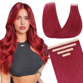 DOORES Real Hair Tape Extensions, Remy Hair Tape, Burgundy Red, 35 cm (14 Inches) 25 g, 10 Pieces, Supplement, Tape Extensions, Real Hair, Straight Hair