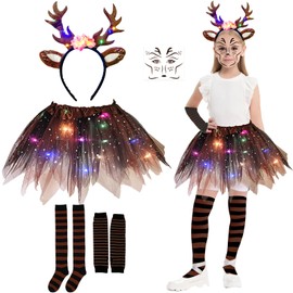 Aitsite Carnival Costume Girls Deer, Luminous Children's Deer Costume, LED Tutu Tulle Skirt Reindeer Costume Girls, Tutu Skirt with Reindeer Headband, Deer Skirt for Carnival and Cosplay Party