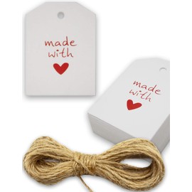 HOMETOOLS.EU® - 100 Kraft Paper, Cardboard, Gift Tags, Paper Tags, Paper Signs, Gift Labels, Cardboard Labels, 5.5 x 4 cm, with 10 m Jute Cord, Made with Love, Heart, White