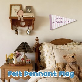 Dilemat Wildflower Nursery Decor Pennant Felt Banners Flags,Pennant Girls Room Decor,Preppy Purple Striped Wall Hanging Banner Decor for Toddler Little Girls Nursery Bedroom Playroom, 7.4x14 Inch