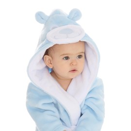 Metzuyan WS-AW23 Baby Girls Boys Teddy Bear Hearts Plain Dressing Gown with Hood Cosy Plush Fleece Hooded Robe Blue 18-24