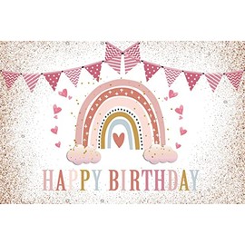 Renaiss 2.2 x 1.5 m Rainbow Happy Birthday Background Cloud Pink Glitter Decoration Photography Background for Baby Shower Girl Child Newborn Birthday Party Banner Vinyl Studio Props