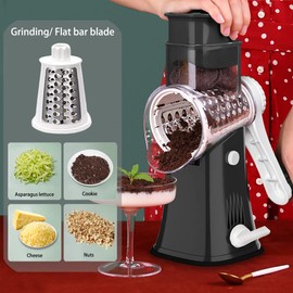 Rotary Cheese Grater Shredder 5-in-1 Tumbling Box Mandoline Vegetable Julienne Slicer Waffle Cutter Nut Chopper, Black