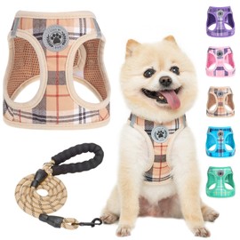 BEAUTYZOO Small Dog Harness and Leash Set,Step in No Chock No Pull Soft Mesh Dog Harnesses Reflective for Extra-Small/Small Medium Puppy Dogs and Cats, Plaid Dog Vest Harness for XS S Pets, Beige XXS