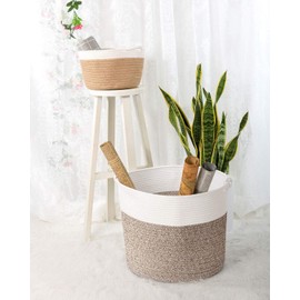 Goodpick Cotton Rope Basket with Handle for Baby Laundry Basket Toy Storage Blanket Storage Nursery Basket Soft Storage Bins-Natural Woven Basket, 15'' × 15'' × 14.2'', White & Brown