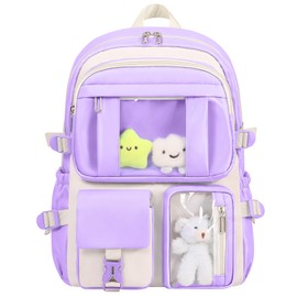 HORHEAR Kawaii Backpack for School Girls Cute Bag with Kawaii Stuff Bear Pendant Backpack Aesthetic for Children School Backpack, Purple-beige