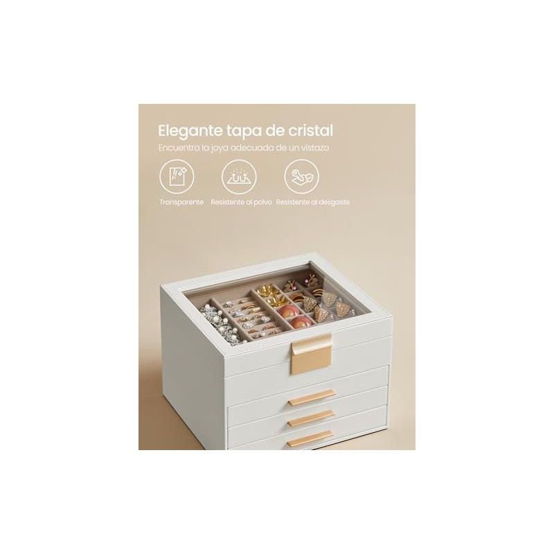 SONGMICS Caja de Joyas, 4 Niveles, Tapa de Cristal, 3