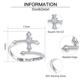 Sterling Silver Cross Rings for Women Christian Gifts for Teen Thumb Adjustable Knuckle Statement Rings Diamond Faith Hope Love Pray Religious Inspirational Jewelry with Beaded Edge Stackable
