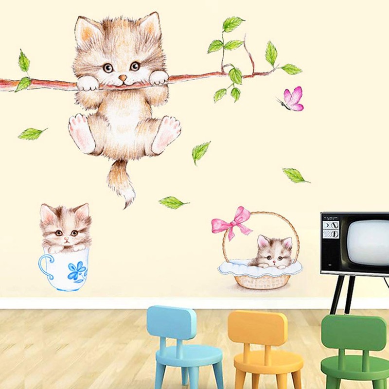 Kiddale Cute Cat Wall Decals,Removable Cat Tree Branches Butterfly Wall