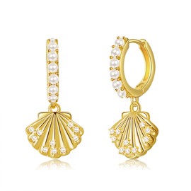 Shell Earrings 925 Sterling Silver Shell Beads Hoop Earrings Beach Earrings Ocean Sea Shell Jewelry for Women, Silver, No Gemstone