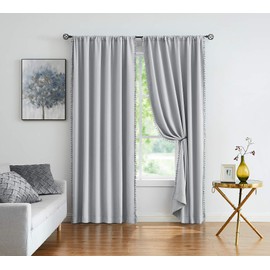 Treatmentex Grey Pompom Curtains for Bedroom Living Room 95 inch Triple Weave Half Blackout Window Curtains for Hotel Men's Guest Room Drapes 52" w x2 Panels Rod Pocket