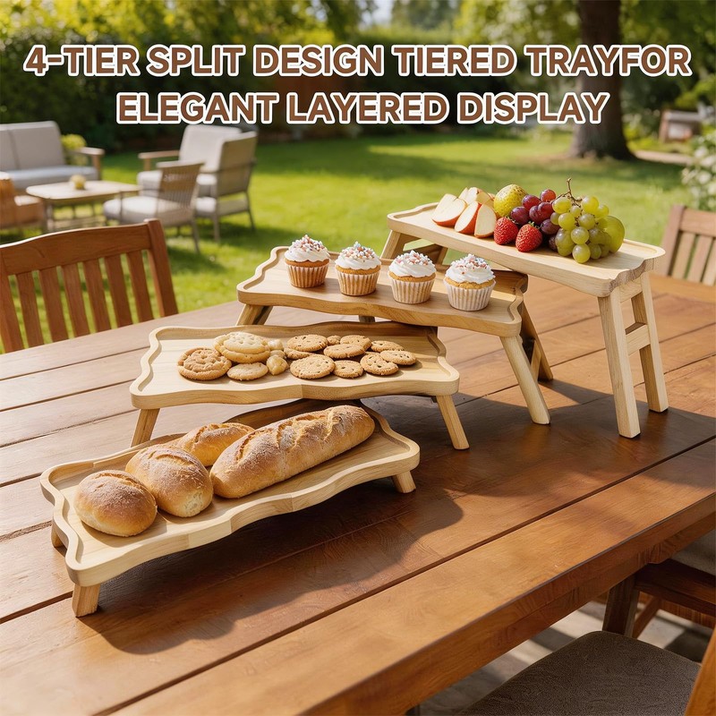 4 Tiered Serving Tray for Party Pine Wood Foldable Tiered