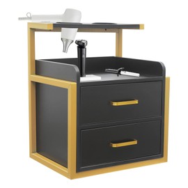 Wall Mounted Salon Wall Cabinet Salon Cabinet with 2 Drawers Wall Mount Salon Station with Hair Dryer Holder Load Capacity 110.23lbs Hair Salon Station Cabinet for Salons Bathroom (Gold＋Black)