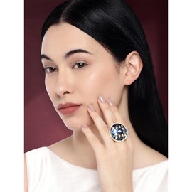 Aheli Statement Enamel Meenakari Finger Ring Adjustable Faux Stone Studded Pearl Rim Indian Traditional Wedding Party Fashion Jewelry Gift for Women Navy Blue