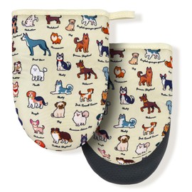 Dog Flowe Beige Boston Terrier Dachshund Mini Silicone Oven Mitts, Heat Slip Resistant Kitchen Gloves 2-Pack Set, Soft Short Small Oven Mittens Pot Holders for Baking Grilling Barbecue Microwave Gift