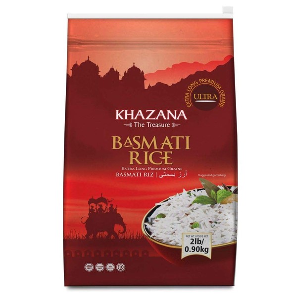 Khazana Premium Ultra Extra Long Basmati Rice - 2lb Resealable Ziploc Bag | Aged Aromatic, Flavorful, Authentic Grain From India | GMO-Free, Gluten Free, Cholesterol Free & Kosher