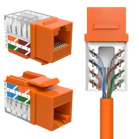 SATMAXIMUM 10 Pack Cat6 Keystone Ethernet Wall Jacks RJ45 Punch Down Slim Profile UTP Orange, 45 Degree for Patch Panel & Wall Plate, Supports Up to 10Gbps