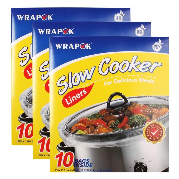 WRAPOK Slow Cooker Liners Kitchen Disposable Cooking Bags BPA Free for Oval or Round Pot, Large Size 13 x 21 Inch, Fits 3 to 8.5 Quarts - 3 Pack (30 Bags Total)