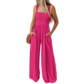 KIRUNDO Jumpsuits for Women Elegant Smocked Wide Leg Sleeveless One Piece Jumpsuits Wide Strap Long Pant Rompers Overalls Brunch Outfits(Rose Red, X-Large)