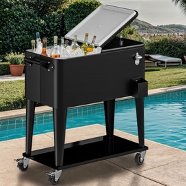 DWVO Ice Chest with Wheels,80 Quart Rolling Cooler with Bottle Opener Drainage, Patio Cooler Cart, Rolling Ice Chest with Handle for Patio Pool Deck Party BBQ Cookouts(Black)