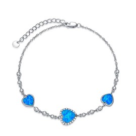 Blue Fire Heart Opal Bracelet for Women 925 Sterling Silver,Heart Shape 10x10mm, 7+2 inch length(Adjustable 7" to 9") Birthday Gifts, Jewelry for Women, Valentine's Day
