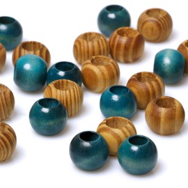 50 Pieces Wood Beads Large Hole Wooden Beads for Macrame Craft, Striped/Blue Round Loose Spacer Wood Beads Bulk with 10mm Hole for Garlands Home Decor