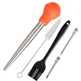 Nstezrne Turkey Baster Set of 5, Turkey Baster Syringe for Cooking, Meat Injector Baster &2 Needles&2 Cleaning Basting Brush, 18/8 Stainless Steel Baster for Flavor Meat Poultry, Beef&Chicken Orange