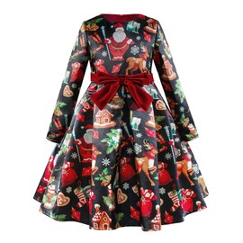 PLWEDDING Girls Christmas Dress Santa Print Christmas Party Dress for Children with Belt Perfect Festival Outfit, Black with Christmas motifs