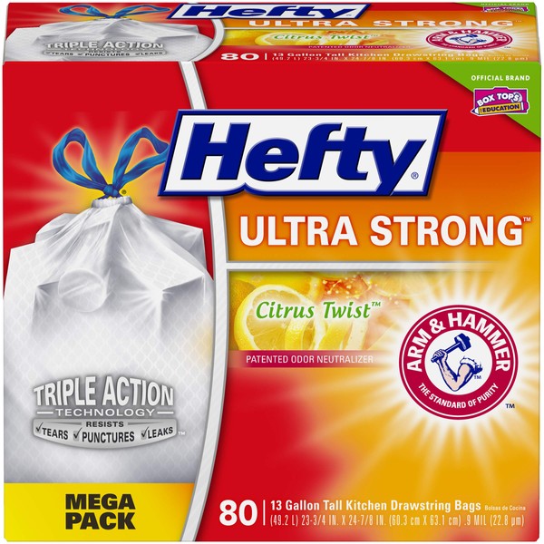 Hefty Ultra Strong Tall Kitchen Trash Bags, Citrus Twist, 13 Gallon, (80 Count (2 Pack)