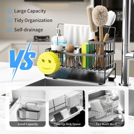 Adurei Kitchen Sink Caddy Sponge Holder for Kitchen Sink SUS304 Stainless Steel Rack with High Brush Holder Sponge Hook Towel Holder and Divider Gadgets Organizer for Counter