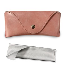 LogHog Portable Leather Soft & Semi Hard Sunglasses Case Eyeglass Case Storage Eye Glasses Brown/Black Pouch Carry Case for Women Men (Pink button)