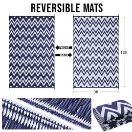 OLANLY Waterproof Outdoor Rug 9x12 ft Clearance, Reversible Outdoor Plastic Straw Rug, RV Mat, Indoor Outdoor Carpet for Patio, Camping, Balcony, Deck, Backyard, Navy & White