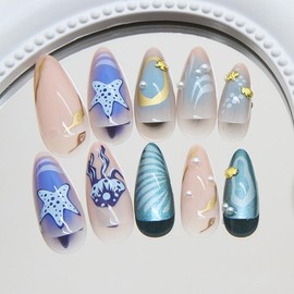 24Pcs Summer Press on Nails Long Almond Fake Nails Jellyfish False Nails with 3D embossed starfish Shell Starfish design Nails Press ons French Tip Glue on Nails Full Cover False Nails for Women