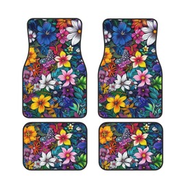 MAGIFUN Hippie Flower 4pcs Rubber Backed Floor Mats for Car SUV Van Truck Car Accessories Heavy Duty Carpet Set Car Rugs, Odorless All Weather Car Mats Boho Floral Flower Carpets