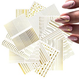 12 Sheets Gold Nail Art Stickers Decals 3D Self Adhesive Line Nail Decals Gold French Nail Stickers for Nail Art Stripe Nail Design Manicure Decoration for Women
