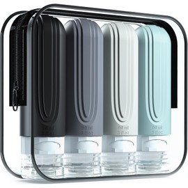 Travel Bottles Travel Set 2026 Triple Lid Leak Proof Shampoo Bottles Refill Containers Set of 4 with Pouch (Gray)