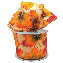 Autumn Wired Ribbon with Cream, Brown, Orange, Yellow, & Green Leaves Design. 2.5" x 10 yd. CL-7