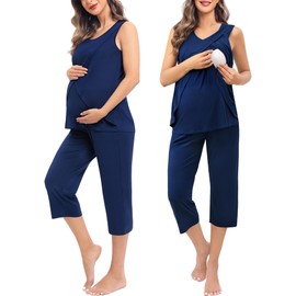 SWOMOG Women's Nursing Pajamas Set with Pockets Maternity Nightwear 3 in 1 Sleeveless Soft Pregnancy Breastfeeding Pj Set Navy Blue