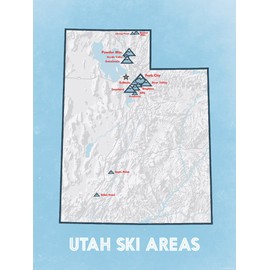 Utah Ski Resorts Map 18x24 Poster (White & Light Blue)