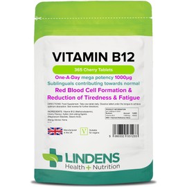 Lindens Vitamin B12 1000mcg Sublingual Tablets | 365 Pack | Contributing Towards Red Blood Cell Formation, Reduction of Tiredness & Fatigue