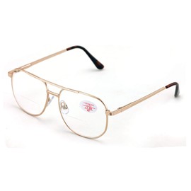 Bifocal Metal Aviator Reading Glasses - Big Lens Spring Hinge Square Reader - Clear lens (Gold, 3.25)