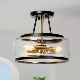Semi Flush Mount Ceiling Light, Black and Gold Modern Close to Ceiling Lights, 3 Light Mid-Century Ceiling Light Fixtures Clear Glass for Bedroom, Kitchen, Entryway