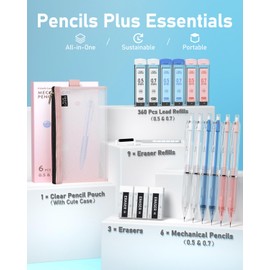 Four Candies Mechanical Pencil Set with Case, 6PCS Aesthetic Mechanical Pencils 0.5 & 0.7mm with 360PCS HB Lead Refills, 3PCS Erasers, 9PCS Eraser Refills for writing, drawing and sketching