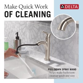 Delta Faucet Nicoli Pull-Down Single Hole Bathroom Faucet, Brushed Nickel Bathroom Sink Faucet, Bathroom Faucet with Pull Out Sprayer, Single Handle Bathroom Faucet, Stainless 15749LF-SSPD