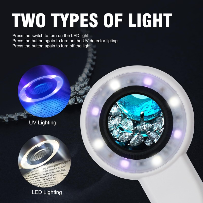 60X Handheld Magnifier with UV&LED Lights Jeweler Loups Magnifying Glass